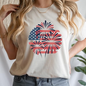 USA Fireworks Shirt, 4th of July Tee, Red White Blue Flag Shirt, Patriotic Firework Graphic Tee, Independence Day Celebration