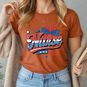 Patriotic Nurse T-Shirt with Red White Blue Bow Graphic, USA Medical Pride Gift for 4th of July Celebrations
