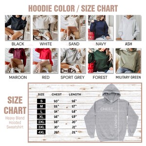 May include: Hoodie color and size chart with a variety of colors including black, white, sand, navy, ash, maroon, red, sport grey, forest, and military green. The chart shows the chest and length measurements for sizes S, M, L, XL, 2XL, 3XL, and 4XL. The chart is in inches.