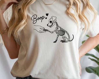 Boop Skeleton Dog Halloween Shirt, Funny Dog and Human Skeleton Hand Graphic Tee, Cute Spooky Pet Gift for Fall Season
