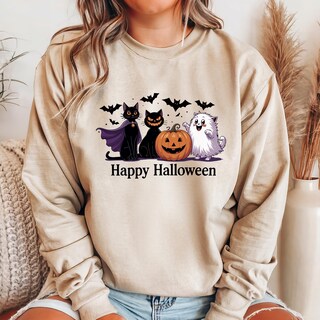 Felpa Donna Halloween Con Zucca Sorridente - Maglia Lunga Girocollo Stampa Jack O' Lantern Per Autunno