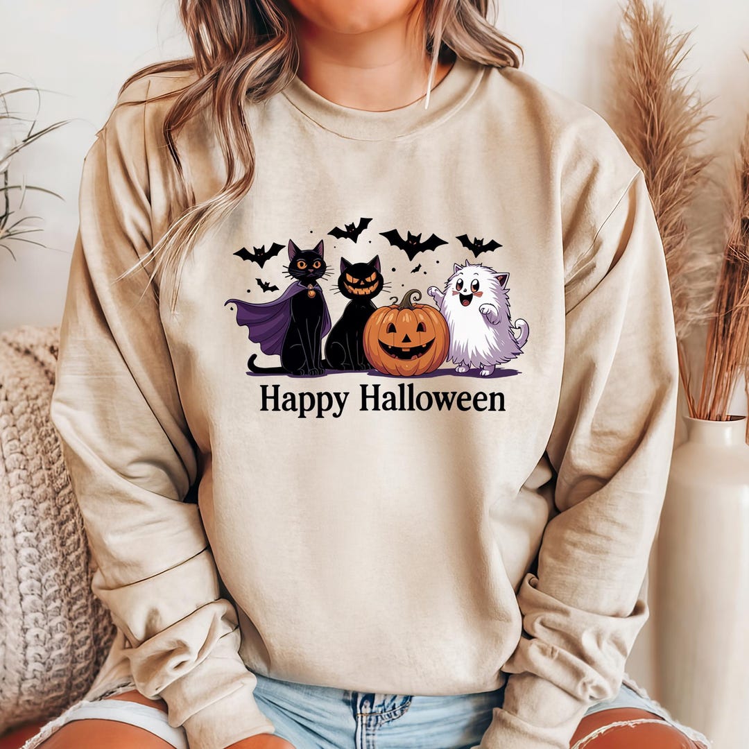 Felpa Donna Halloween Con Zucca Sorridente - Maglia Lunga Girocollo Stampa Jack O' Lantern Per Autunno