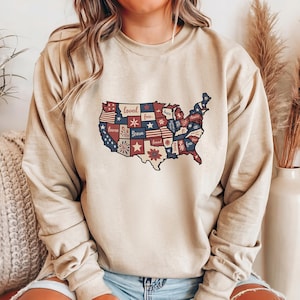 USA Karte Sweatshirt, Patchwork Amerika Pullover, Bunt Rundhalsausschnitt, 4