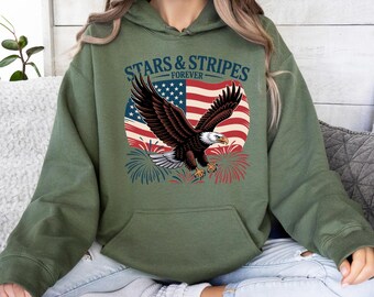 Stars and Stripes Hoodie, Patriotic USA Pullover, Eagle Firework Hoodie, 4th of July Graphic, Independence Freedom Hoodie