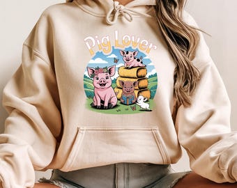 Pig Lover Hoodie, Cute Farm Animal Hoodie with Piglets, Funny Country Life Hoodie, Adorable Retro Pig Design
