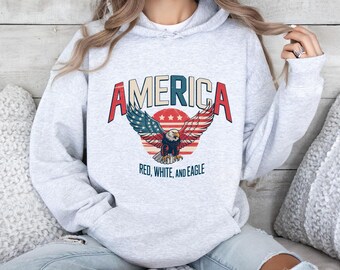 America Red White And Eagle Hoodie, 4th of July Pullover, Patriotic Graphic Hoodie, USA Freedom Eagle Flag Hoodie