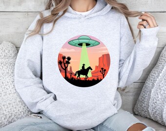 Cowboy UFO Abduction Hoodie, Western Alien Graphic Pullover, Funny Sci-Fi Desert Design
