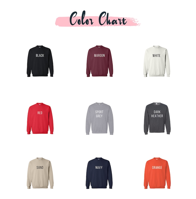 Pode incluir: Carta de cores mostrando 10 cores diferentes de moletom: preto, vinho, branco, vermelho, cinza esportivo, cinza escuro mesclado, areia, azul marinho, laranja. Cada moletom tem o nome da cor impresso na frente.