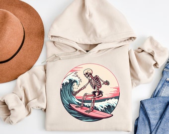 Skeleton Surfer Hoodie, Surfboard Lover Hoodie, Halloween Monster Hoodie, Halloween Party Hoodie, Halloween Surfer Gift, Surfing Hoodie, Boo