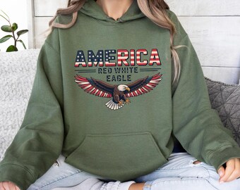 4th of July Hoodie, Red White Blue Eagle Hoodie, Patriotic Graphic Pullover, America Hoodie, Independence Day Freedom Wear