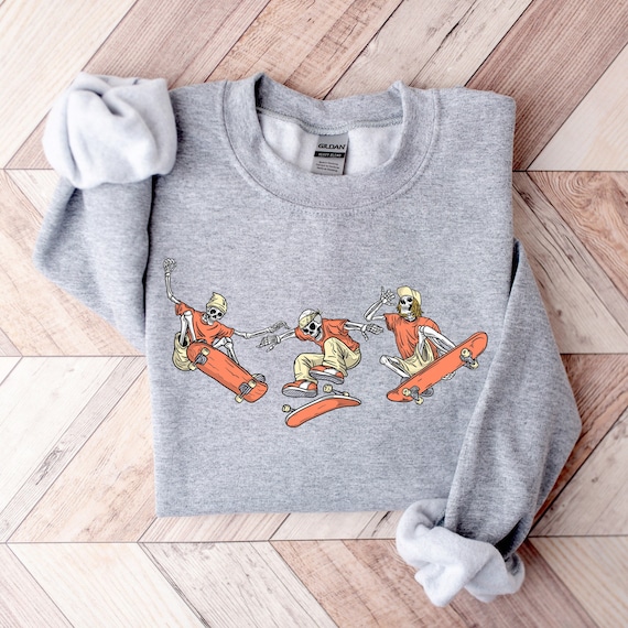 Skeleton Skaters Sweatshirt, Spooky Skater Sweatshirt, Gift For Skater, Halloween Work Gift, Skateboard Lover Sweatshirt, Halloween Party