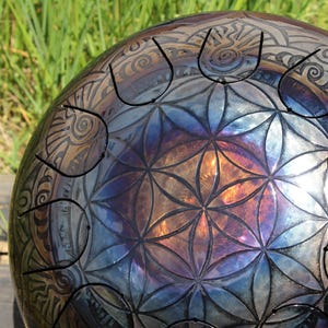 Steel tongue drum 11.5&quot; Flower of Life 432 Hz or 440 Hz + Free bag and mallets Burned Color