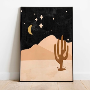Night Landscape Art Print | Minimalist Moon Poster | Printable Celestial Artwork | Abstract Crescent Moon Wall Art | Minimal Desert Drawing