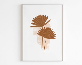 Fan Palm Art Print | Tropical Wall Art | Minimalist Palm Leaf Print | Printable Botanical Poster | Neutral Wall Decor | Brown Tone Artwork