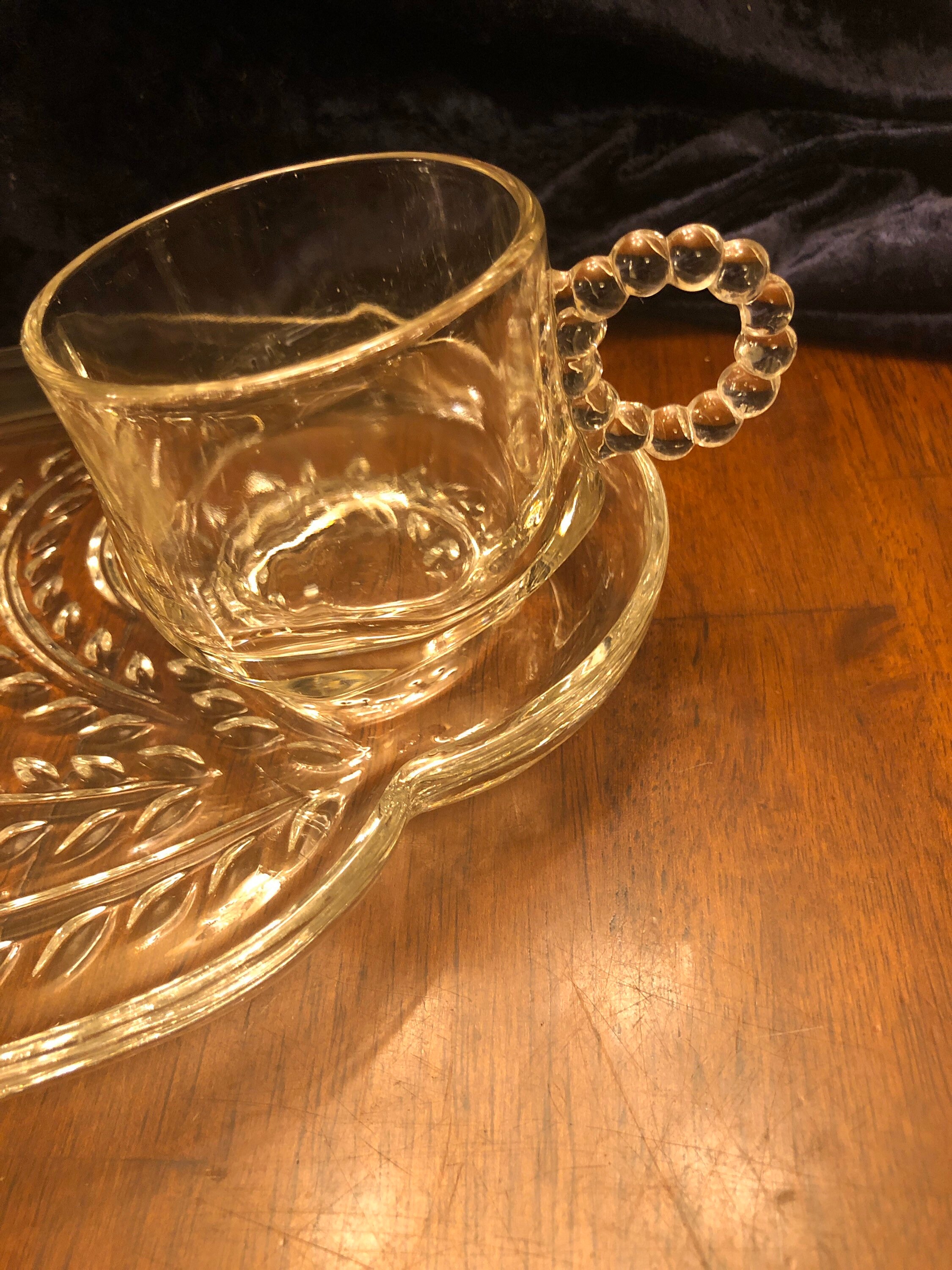 2 Vintage Federal Glass Snack Tray Sets Cup Platter Wheat Fern Etsy