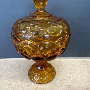 Moon & Star Amber Covered Comport 10” Tall 6.25” Across L E Smith