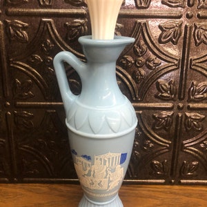 Vintage Blue Milk Glass Greek Jim Beam Decanter with milk glass cork stopper
