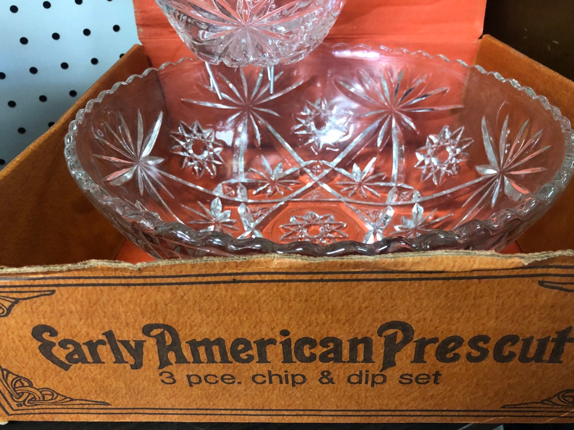 Clear Glass 3 Piece Chip And Dip Set Early American Prescut Etsy