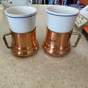 2- Vintage Ceramic & Copper Demitasse Espresso Cup Brass Handle Made in Portugal Blue Stripe