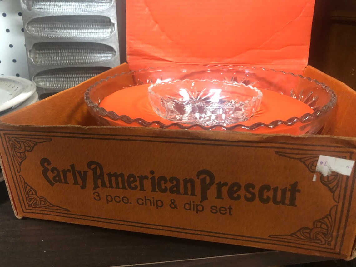 Clear Glass 3 Piece Chip And Dip Set Early American Prescut Etsy
