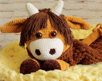 Crochet lovey highland cow plush, Farm animals Gifts for kids