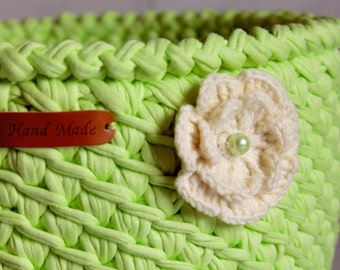 Crochet organizer basket with flower, Mom gift basket, Round storage basket