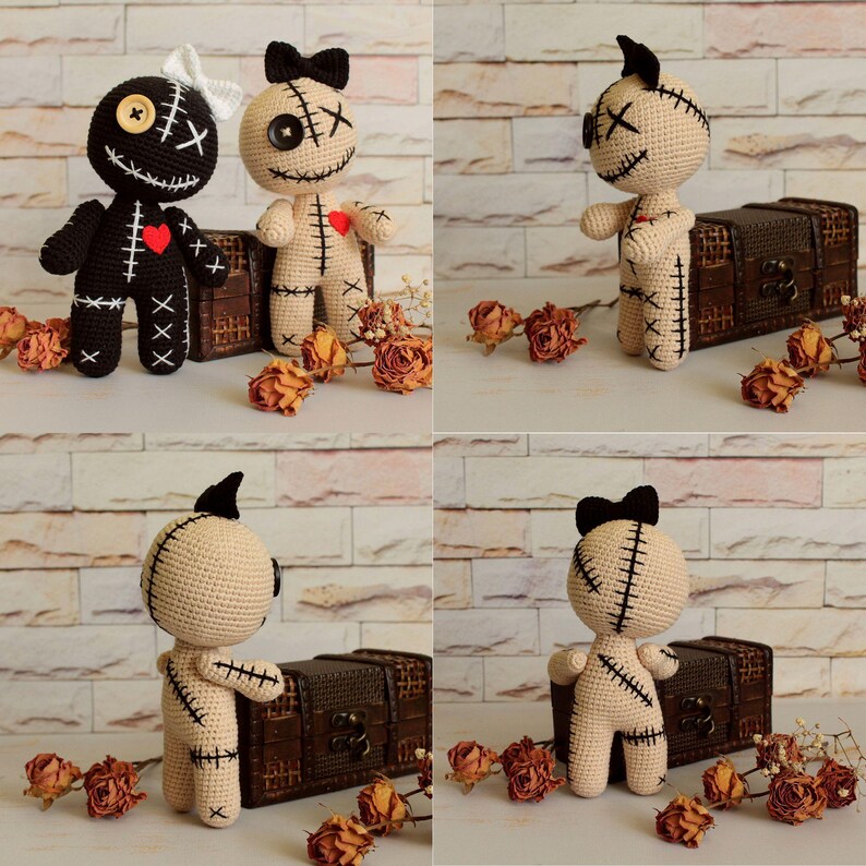 May include: Two handmade crochet dolls, one black and one beige, featuring stitched X-shaped eyes, a button eye, a stitched mouth, and a red felt heart on the chest. The black doll has a white bow, and the beige doll has a black bow on its head.