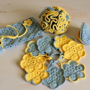 Eco-friendly products Crochet cotton spa set: reusable pads, soap saver bag, face washcloth, shower pouf
