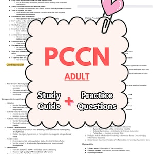 May include: A study guide and practice questions sheet for adult cardiovascular care, titled "PCCN." The document includes clinical judgment pearls, non-invasive hemodynamics, and management of patients requiring ablation, arterial closure devices, and cardiac catheterization.