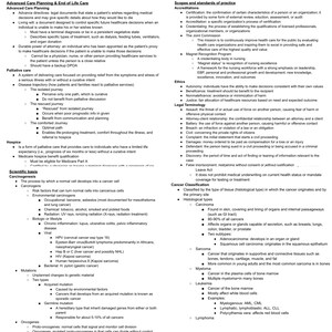 May include: A black and white text document with a white background. The document is divided into sections with headings such as "Advanced Care Planning", "Scopes and Standards of Practice", "Ethics", "Legal Terminology", "Hospice", "Scientific Basis", and "Cancer Classification". The document provides information about end-of-life care, including advance directives, palliative care, hospice, and cancer.