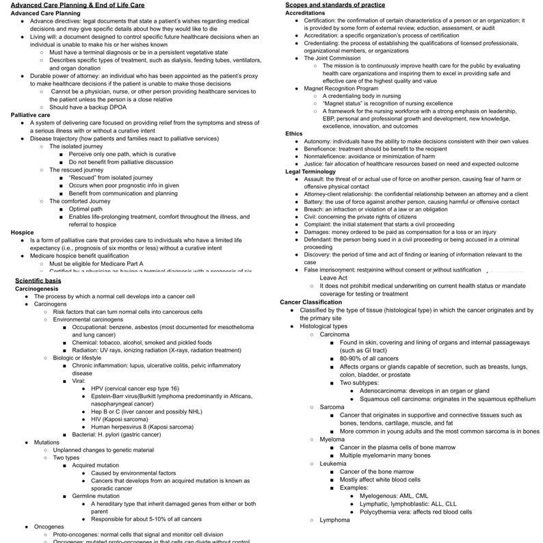 May include: A black and white text document with a white background. The document is divided into sections with headings such as "Advanced Care Planning", "Scopes and Standards of Practice", "Ethics", "Legal Terminology", "Hospice", "Scientific Basis", and "Cancer Classification". The document provides information about end-of-life care, including advance directives, palliative care, hospice, and cancer.