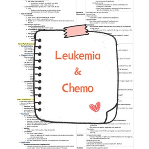 May include: A page from a notebook with the words "Leukemia & Chemo" written in large, bold, red letters. The page contains information about leukemia and chemotherapy treatments, including types of leukemia, diagnostic tests, and treatment options.