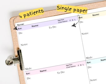 4 Patient Nurse Report Sheet, Landscape, Single page report, Medsurg Report Sheet, Handoff for Nursing Students, New Grads, Nursing Handoff