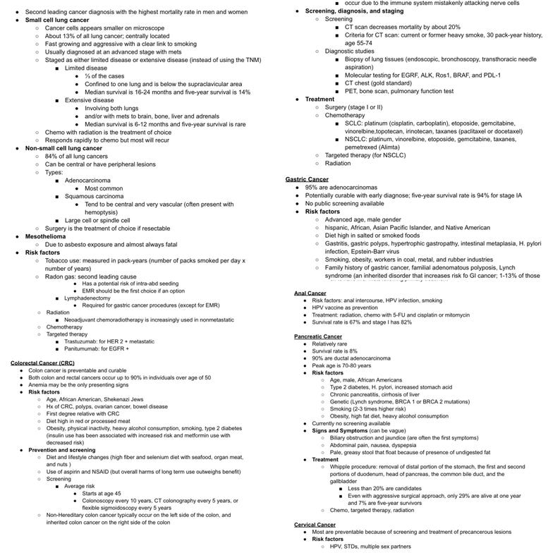 May include: A white background with black text outlining the risk factors, symptoms, and treatments for various types of cancer, including lung, gastric, anal, pancreatic, and cervical cancer.