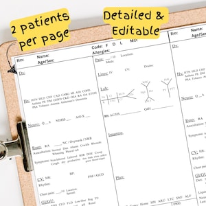 May include: A white clipboard with a brown wooden frame. The clipboard has a black clip at the top and is filled with medical forms. The forms are labeled with headings such as "Code", "Allergies", "Pain", "Lines", "Lab", "Neuro", "Resp", "CV", "GI/GU", "Plan", and "0900". The forms are filled out with handwritten notes and medical abbreviations.