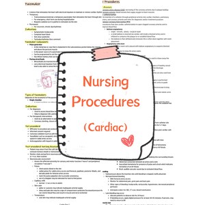 May include: A colorful diagram outlining nursing procedures for cardiac care. The diagram includes information on pacemakers, coronary artery disease, cardiac catheterization, balloon angioplasty, and angioplasty with stent. The diagram also includes a section on nursing assessments and post-procedural care.