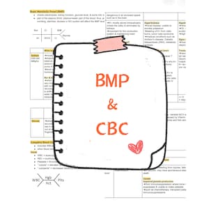 May include: A handwritten note on a notebook page with the words "BMP & CBC" in large, orange letters. The note is about blood tests, including basic metabolic panel (BMP) and complete blood count (CBC).