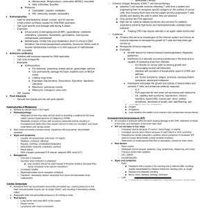 May include: A detailed chart outlining different types of cancer treatments, including antimetabolites, antitumor antibiotics, plant alkaloids, and immunotherapy. The chart also includes information on hypercalcemia of malignancy, increased intracranial pressure, and cardiac tamponade.