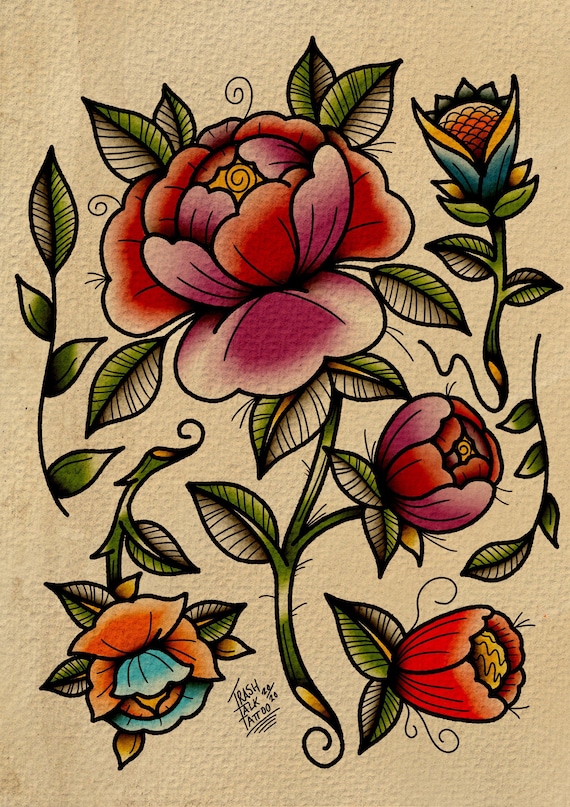 Flores tradicional tatuaje estilo impresión. - Etsy México Flores tradicional tatuaje estilo impresión. - Etsy México