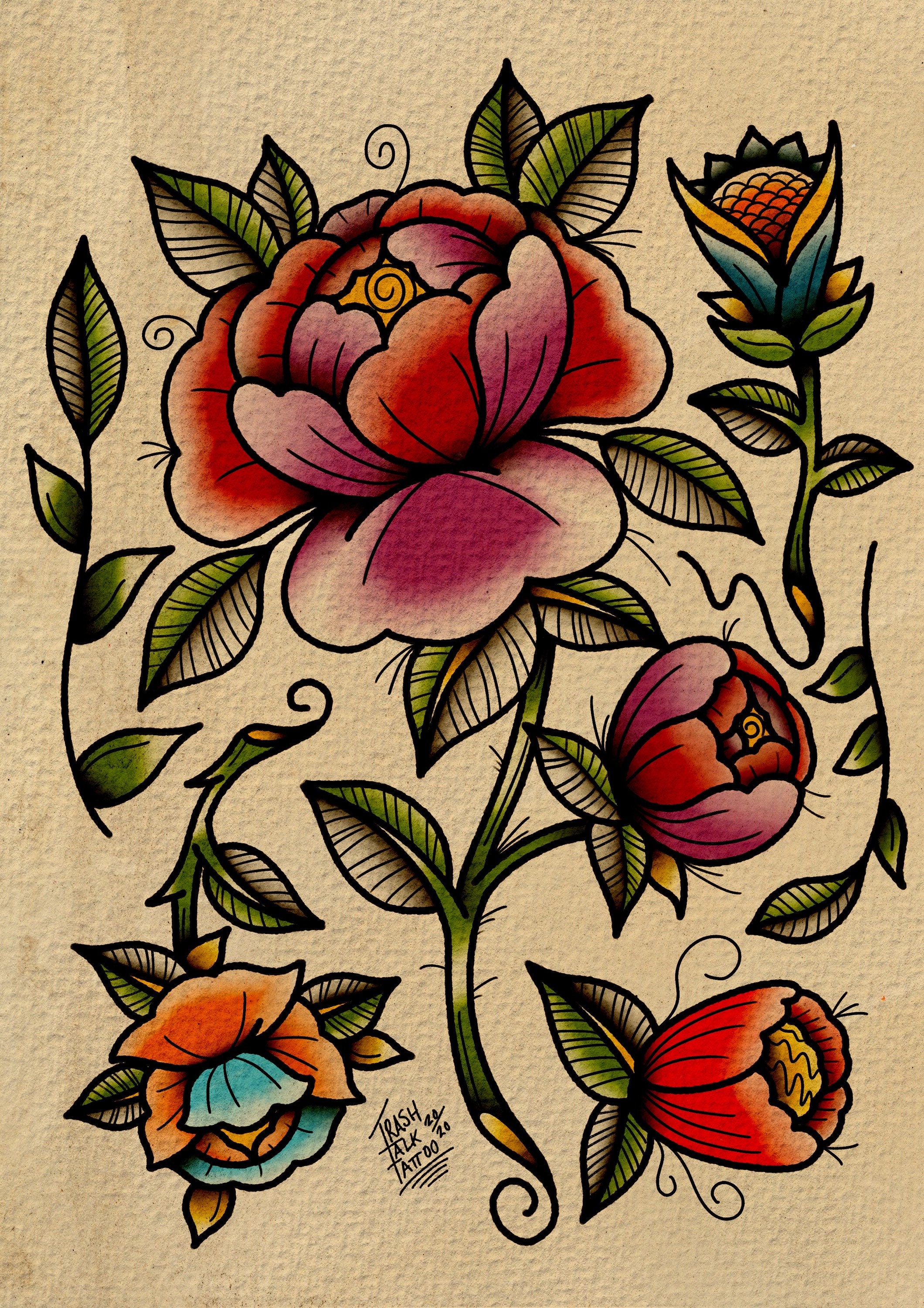 Buy Flowers Traditional Tattoo Style Print Online in India  Etsy