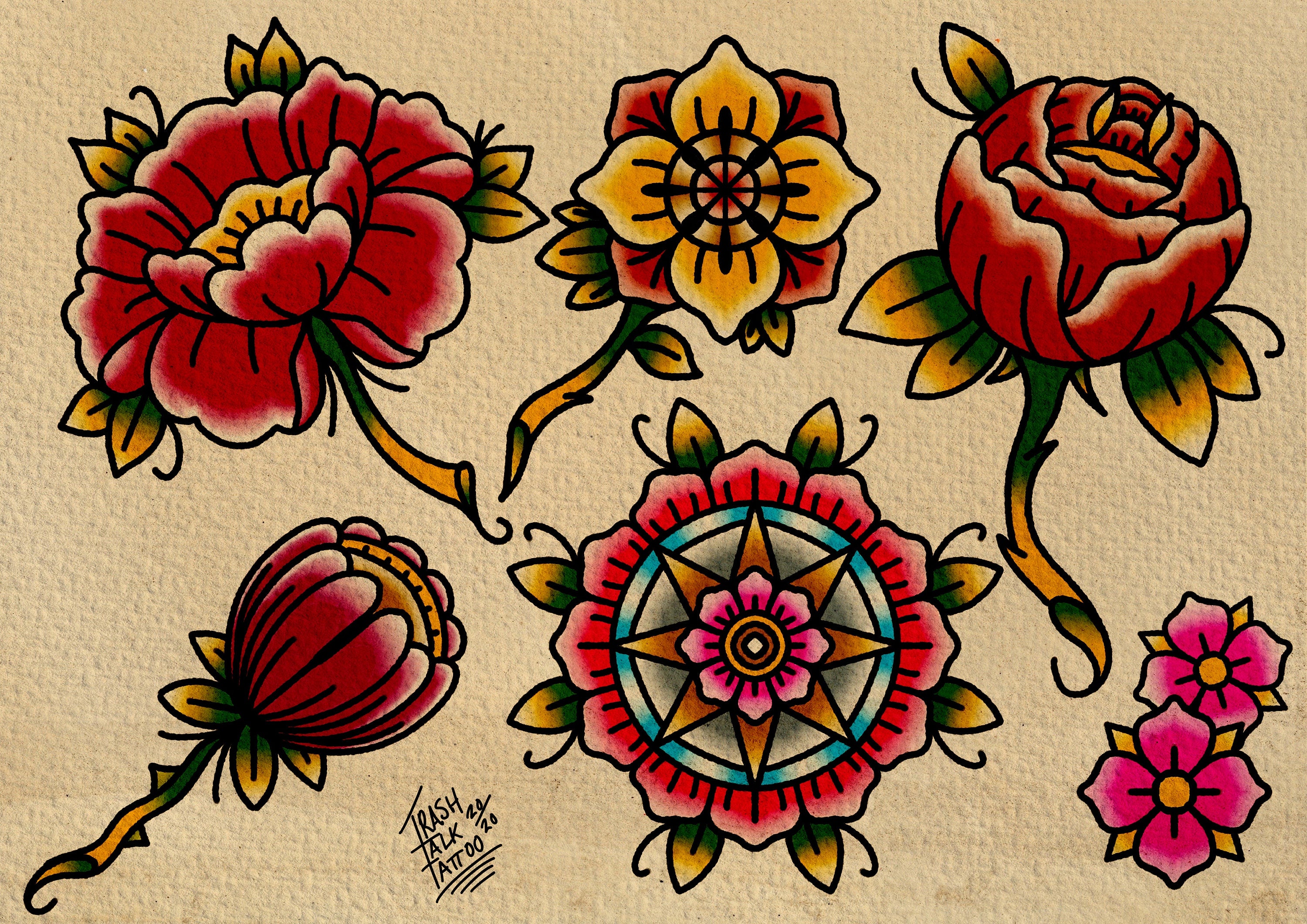 Color Flower Stickers Traditional Tattoo Designs Stock Vector Royalty  Free 1052526881  Shutterstock