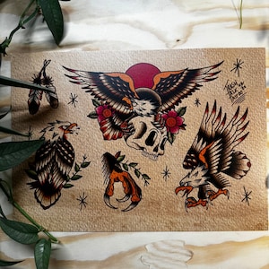 Wydruk tatuażu - Tradycyjny arkusz Flash Eagle, sztuka ścienna inspirowana stylem vintage, idealny prezent dla entuzjastów i kolekcjonerów tatuaży