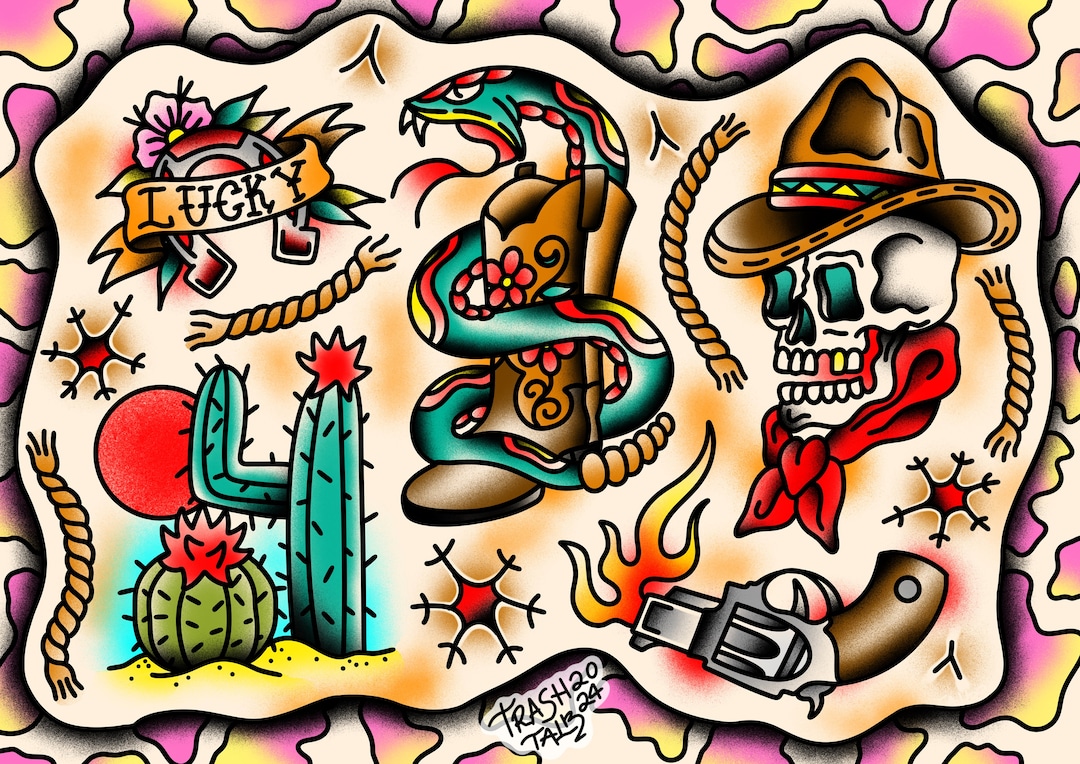 Cowboy Tattoo Flash Print – Vintage Western Art - Etsy