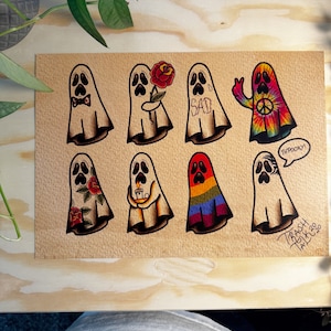 Tattoo Print, Traditional Varied Ghosts Artwork, Unique Wall Decor, Spooky Gift for Tattoo Enthusiasts