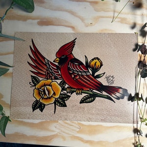 Tattoo Print - Vibrant Cardinal Bird, Traditional Tattoo Artwork, Wall Decor, Unique Gift for Tattoo Enthusiasts