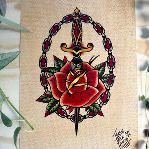 Impresión de tatuaje, daga de la vieja escuela con cartel de rosa, arte genial de estudio de tatuajes, regalo reflexivo para artistas del tatuaje