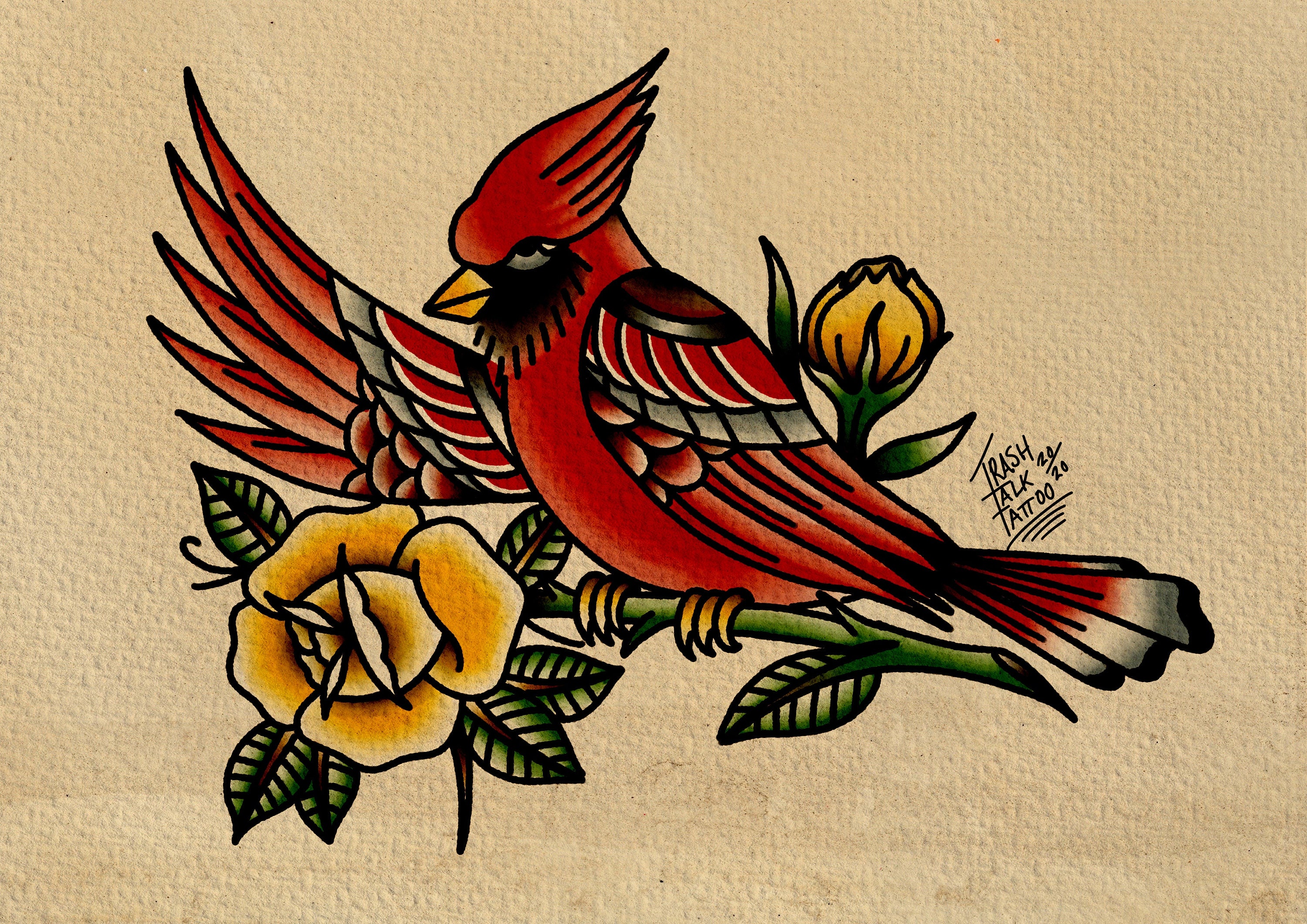 A4 hand painted digital Traditional Tattoo Cardinal print! 