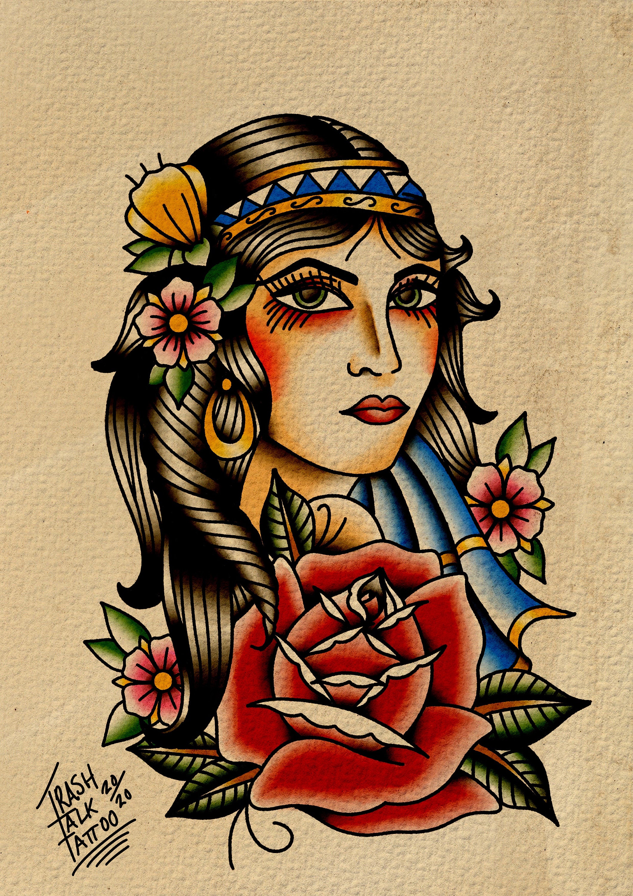 Gypsy Head Traditional Tattoo Style Print. | Etsy