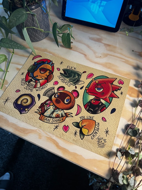 Animal Crossing Tattoo Flash Print – Traditional Ink Style Gaming