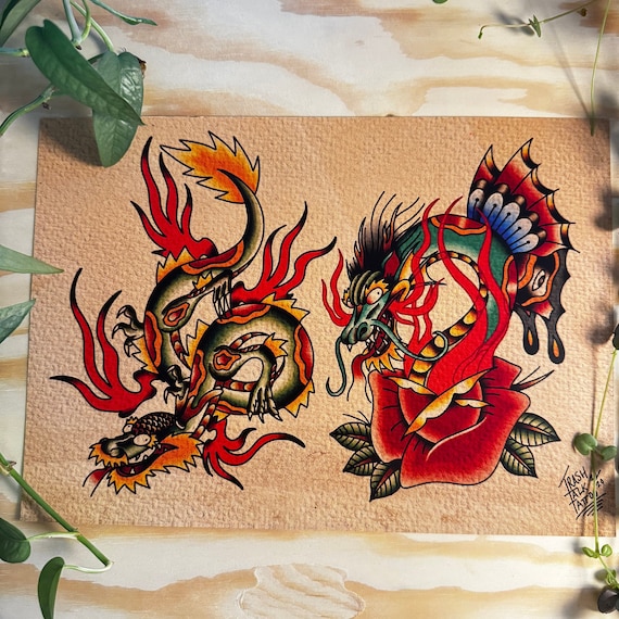 ドラゴンタトゥーのフラッシュプリント、手描きのA4アート - Etsy 日本